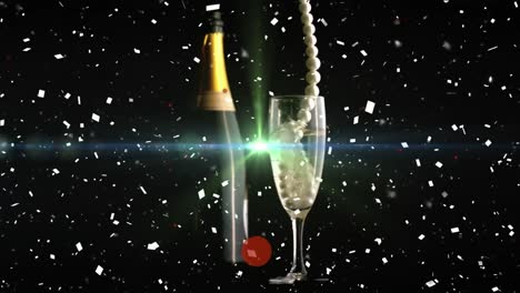 Animation-Von-Halskette-Und-Konfetti-über-Einem-Glas-Champagner