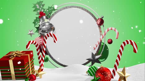 Animation-of-snow-falling-and-christmas-decorations-over-circle-with-copy-space-on-green-background