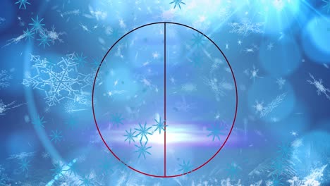Animation-of-circle-and-light-over-snowflakes-on-blue-background