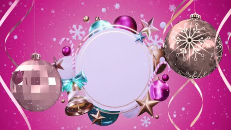 Animation-of-snow-falling-and-christmas-decorations-over-circle-with-copy-space-on-pink-background