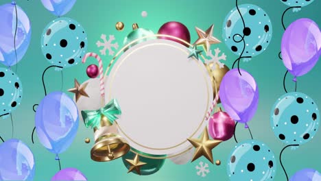 Animation-of-balloons-and-christmas-decorations-over-circle-with-copy-space-on-green-background