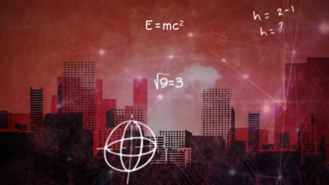 Animation-of-mathematical-equations-and-diagrams,-connected-dots-over-cityscape