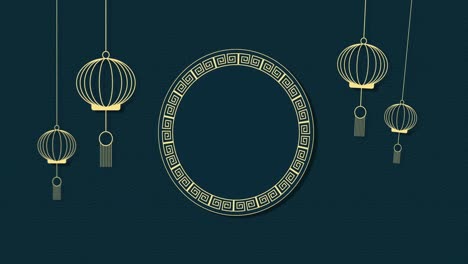 Animation-of-chinese-lanterns-over-circle-on-black-background