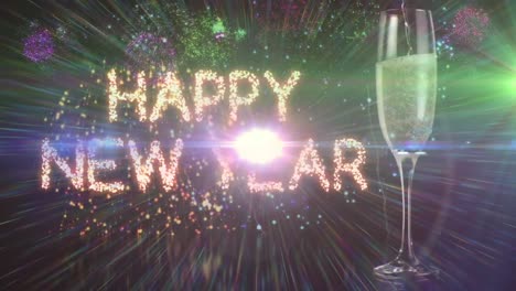 Animation-of-champagne-flute-with-illuminated-happy-new-year-text-against-firework-display