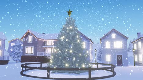 Animation-of-snow-falling-over-christmas-tree-with-houses-and-winter-landscape