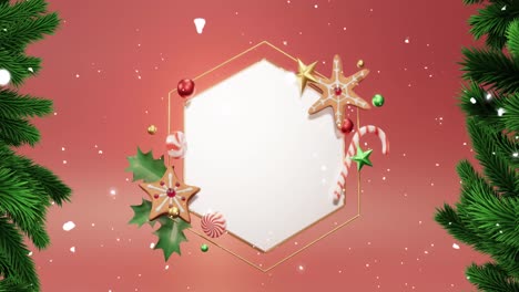 Animation-of-snow-falling-and-fir-tree-over-hexagon-with-copy-space-on-red-background