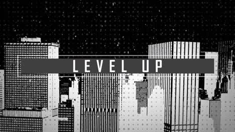 Animation-of-level-up-text-in-bar-and-snow-falling-over-building-against-black-background