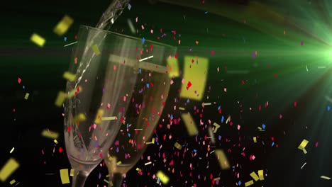 Animation-of-light-trails-and-confetti-over-glasses-of-champagne