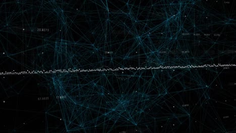 Animation-of-soundwave-over-dots-connected-with-lines-and-numbers-against-black-background