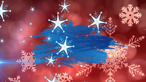 Animation-Von-Sternen-Und-Blauem-Fleck-über-Schneeflocken-Auf-Rotem-Hintergrund