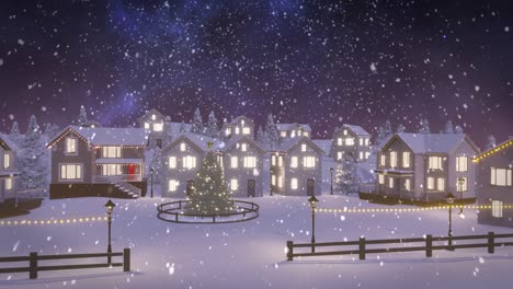 Animación-De-Nieve-Cayendo-Sobre-Un-árbol-De-Navidad-Con-Casas-Y-Paisajes-Invernales.