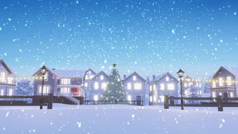 Animación-De-Nieve-Cayendo-Sobre-Un-árbol-De-Navidad-Con-Casas-Y-Paisajes-Invernales.