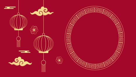 Animation-of-chinese-lanterns-and-shapes-over-circle-on-red-background
