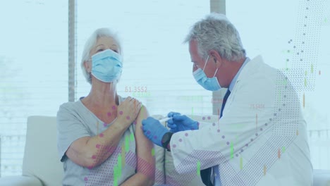 Animation-of-data-processing-over-caucasian-woman-being-vaccinated-by-male-doctor-in-face-masks