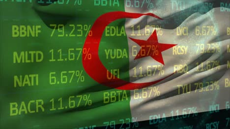 Animation-of-stock-market-and-globe-over-flag-of-algeria