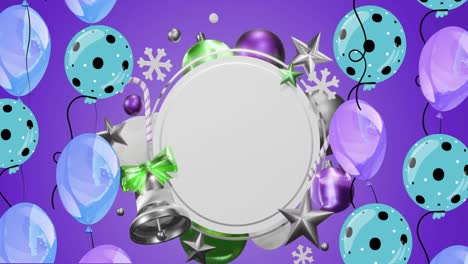 Animation-of-balloons-and-christmas-decorations-over-circle-with-copy-space-on-purple-background
