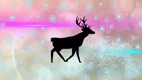 Animation-of-lens-flare,-reindeer-walking-with-blue-and-white-snowflakes-against-gradient-background