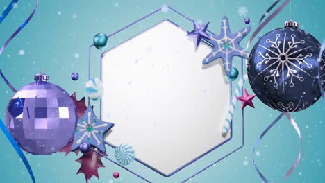 Animation-of-snow-falling-and-christmas-decorations-over-hexagon-with-copy-space-on-blue-background