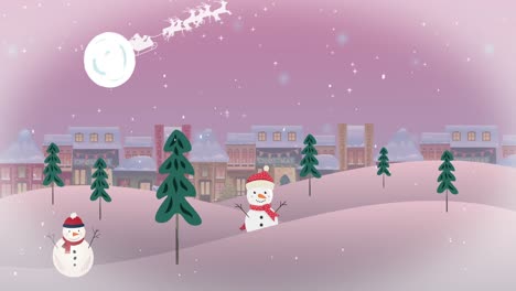 Animation-Von-Schnee,-Der-Zu-Weihnachten-über-Häuser-Und-Winterlandschaft-Fällt
