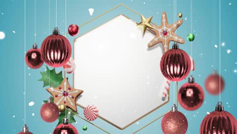Animation-of-snow-falling-and-christmas-decorations-over-hexagon-with-copy-space-on-blue-background
