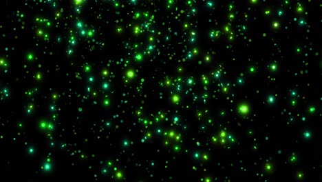 Animation-of-glowing-green-spots-falling-on-black-background