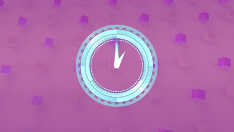 Animation-of-clock-moving-fast-over-rows-of-pink-and-purple-cubes-on-purple-background