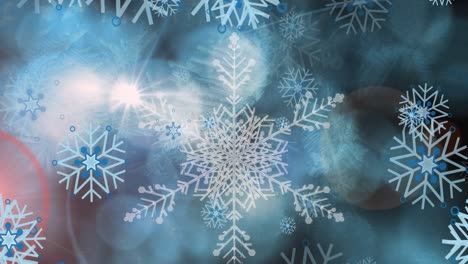 Animation-of-hexagons-pattern,-looping-snowflakes-and-lens-flare-over-abstract-background