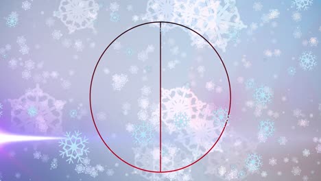 Animation-of-circle-and-light-over-snowflakes-on-grey-background