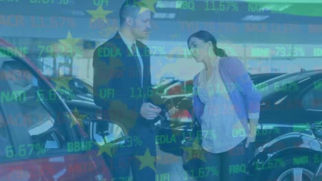 Animation-of-flag-of-eu-and-stock-market-over-diverse-business-people