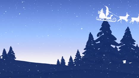 Animation-Von-Schneefall-Und-Weihnachtsmann,-Der-Schlitten-über-Silhouetten-Von-Bäumen-Vor-Klarem-Himmel-Fährt