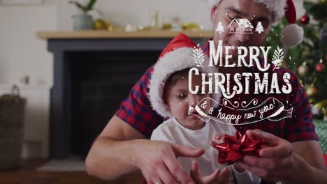 Animation-of-merry-christmas-and-a-happy-new-year-text-over-caucasian-father-and-son