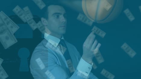 Animation-of-banknotes-over-caucasian-businessman-with-basketball