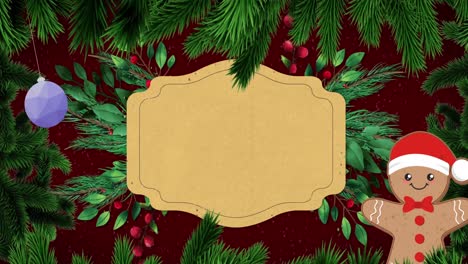 Animation-of-christmas-sign-with-copy-space,-decorations-and-snow-falling-on-red-background