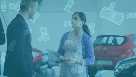 Animation-of-banknotes-over-caucasian-businessman-and-woman-at-car-dealer