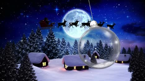 Animation-of-christmas-bauble-dangling-over-snow-falling-and-full-moon-in-winter-scenery