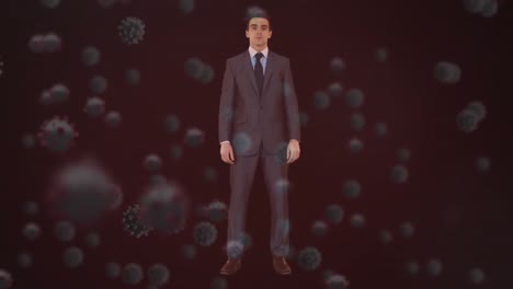 Animation-of-virus-infected-cells-over-caucasian-businessman-standing-against-black-background