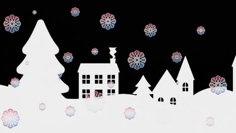 Animation-Von-Schneeflocken-über-Bäumen,-Häusern-Und-Bergen-Vor-Schwarzem-Hintergrund