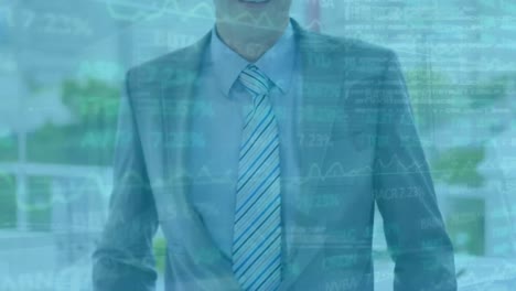 Animation-of-stock-market-data-processing-over-portrait-of-caucasian-businessman-smiling