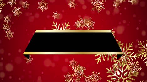 Animation-of-christmas-black-and-gold-sign-with-copy-space-and-snow-falling-on-red-background