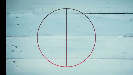 Animation-of-red-line-in-circle-over-white-wooden-table