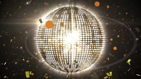 Animation-of-rotating-disco-ball-and-confetti-on-black-background