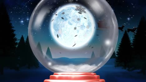 Animation-of-christmas-snow-globe-with-santa-claus-in-sleigh,-full-moon-and-snow-falling