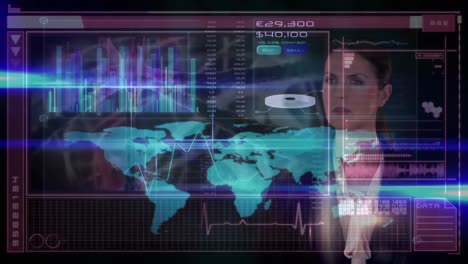 Animation-of-map,-graphs,-lens-flare-over-caucasian-businesswoman-using-futuristic-technology