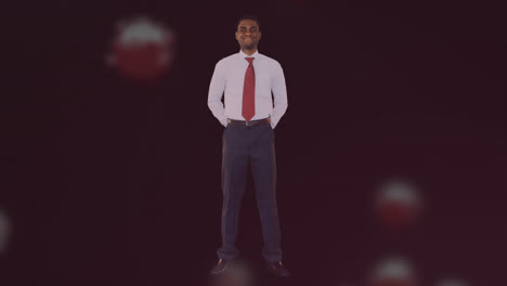 Animation-of-african-american-businessman-standing-arms-behind-over-infected-blood-cells