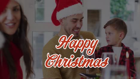 Animation-of-happy-christmas-text-over-caucasian-family-wearing-santa-hats