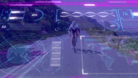 Animation-of-data-processing-over-caucasian-woman-cycling