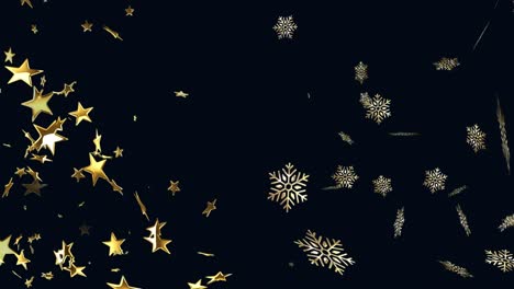 Animación-De-Estrellas-Doradas-Navideñas-Y-Nieve-Cayendo-Sobre-Fondo-Negro