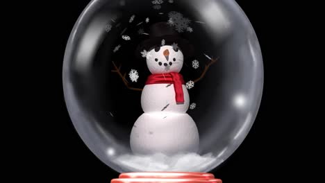 Animation-Einer-Weihnachtlichen-Schneekugel-Mit-Schneemann-Und-Schnee,-Der-Auf-Schwarzem-Hintergrund-Fällt