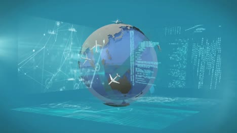 Animation-Fliegender-Flugzeuge-über-Dem-Globus-Mit-Verbundenen-Punkten,-Programmiersprache-Auf-Blauem-Hintergrund