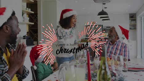 Animation-of-have-a-holly-jolly-christmas-text-over-african-american-family-wearing-santa-hats